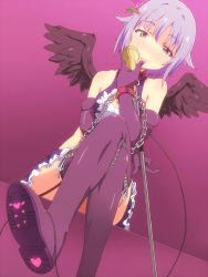 Rule 34 | 10s, 1girl, bad id, bad pixiv id, bare shoulders, bdsm, boko (maniacpurple), bondage, boots, bound, breasts, chain, cleavage, cleavage cutout, clothing cutout, collar, cuffs, cuffs-to-collar, elbow gloves, feet, foot focus, garter straps, gloves, hair ornament, hairclip, heart, heart cutout, highres, idolmaster, idolmaster cinderella girls, komakedara, koshimizu sachiko, crossed legs, light purple hair, purple footwear, shoe soles, short hair, sitting, solo, thigh boots, thighhighs, tongue, tongue out, wings