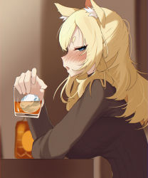 Rule 34 | 1girl, alcohol, animal ear fluff, animal ears, arknights, black sweater, blonde hair, blue eyes, blush, breast rest, breasts, breasts on table, cup, drunk, fang, from side, glass, highres, holding, holding cup, horse ears, large breasts, long hair, open mouth, sideways glance, signal 1120, sitting, solo, sweater, table, thick eyebrows, whislash (arknights)