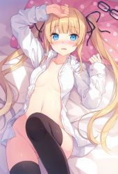Rule 34 | 1girl, bad id, bad twitter id, bed, black thighhighs, blonde hair, blue eyes, blush, breasts, fang, glasses, hairband, hand on head, highres, long sleeves, naked shirt, navel, no bra, no panties, on bed, open clothes, open mouth, open shirt, partially visible vulva, pillow, saenai heroine no sodatekata, sawamura spencer eriri, shirt, small breasts, solo, thighhighs, twintails, white shirt