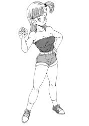 Rule 34 | 1girl, asymmetrical bangs, bare arms, bare legs, bare shoulders, belt, breasts, bulma, cleavage, closed mouth, collarbone, curvy, dragon ball, dragon ball (object), female focus, full body, hair bobbles, hair ornament, hand on own hip, hand up, highres, holding, large breasts, legs, long hair, looking at viewer, monochrome, neck, shoes, short shorts, shorts, side ponytail, simple background, smile, sneakers, socks, solo, standing, strapless, toriyama akira (style), traditional media, tube top, white background, young jijii