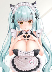 Rule 34 | 1girl, :t, absurdres, animal ears, apron, bare arms, black ribbon, blue hair, breasts, ca paria, cat ears, cleavage, commentary request, detached collar, goddess of victory: nikke, heart, heart hands, highres, large breasts, long hair, looking at viewer, maid, maid apron, maid headdress, neck ribbon, paw hair ornament, pout, privaty (nikke), privaty (unkind maid) (nikke), ribbon, simple background, solo, twintails, v-shaped eyebrows, white apron, white background, yellow eyes