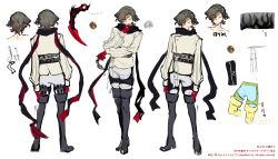 Rule 34 | 1boy, back, black scarf, boots, character sheet, coin, collarbone, concept art, closed eyes, eyes visible through hair, gloves, grey footwear, grey hair, grin, hair between eyes, high heel boots, high heels, highres, holding, holding knife, holding weapon, jewelry, kamurai tribe, karambit, knee boots, knife, male focus, multicolored clothes, multicolored scarf, multiple views, nanase miri, official art, open mouth, pouch, red gloves, red scarf, ring, scarf, simple background, sketch, sleeves past wrists, smile, tassel, teeth, two-tone scarf, weapon, white background