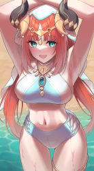 Rule 34 | 1girl, :d, absurdres, adapted costume, armpits, arms up, bad id, bad pixiv id, beach, bikini, breasts, cowboy shot, genshin impact, hear (kpmf4732), highres, horns, large breasts, long hair, looking at viewer, navel, nilou (genshin impact), open mouth, outdoors, red hair, side-tie bikini bottom, smile, solo, swimsuit, thigh gap, veil, water