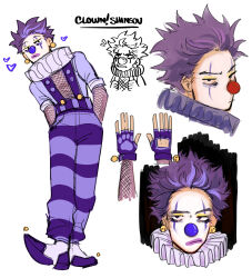 Rule 34 | 1boy, absurdres, alternate costume, bell, bell earrings, boku no hero academia, character name, closed mouth, clown, clown nose, commentary, earrings, english commentary, english text, facepaint, fingerless gloves, fishnets, full body, gloves, habkart, hands in pockets, highres, jewelry, looking at viewer, male focus, multiple views, neck ruff, pants, purple footwear, purple gloves, purple hair, purple pants, shinsou hitoshi, shoes, short hair, simple background, standing, striped clothes, striped pants, suspenders, white background