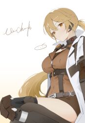 Rule 34 | ..., 1girl, absurdres, blonde hair, brown shorts, closed mouth, coat, commentary, earpiece, english commentary, girls&#039; frontline, girls&#039; frontline 2: exilium, gradient background, hair between eyes, highres, long hair, looking at viewer, orange eyes, ots-14 (girls&#039; frontline), ponytail, shorts, simple background, sitting, solo, speech bubble, vinnie cheeks, white coat