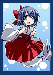 Rule 34 | 1girl, alternate costume, animal ears, blue hair, blush, chibi, fins, head fins, hemogurobin a1c, japanese clothes, long sleeves, mermaid, miko, monster girl, open mouth, short hair, smile, solo, touhou, wakasagihime, wide sleeves