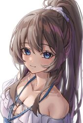 Rule 34 | 1girl, absurdres, artist request, bloom, blue eyes, blush, breasts, brown hair, cheon soyeong (cheonbi), cleavage, closed mouth, commentary request, commission, dot nose, frilled shirt, frills, from above, hair ornament, hair over shoulder, hair scrunchie, high ponytail, highres, korean commentary, lanyard, long hair, looking at viewer, medium breasts, off-shoulder shirt, off shoulder, original, ponytail, scrunchie, second-party source, shirt, sidelocks, simple background, smile, solo, upper body, white background, white scrunchie, white shirt