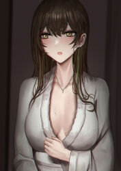 Rule 34 | 1girl, :o, black hair, blush, breasts, brown eyes, cleavage, commentary request, female focus, girls&#039; frontline, green hair, highres, jewelry, large breasts, long hair, long sleeves, m4a1 (girls&#039; frontline), multicolored hair, necklace, open mouth, selcky, solo, streaked hair, upper body, wet