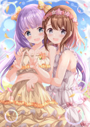 Rule 34 | 2girls, :d, bare arms, bare shoulders, blue sky, blush, bow, breasts, brown dress, brown hair, cloud, commentary request, commission, day, dress, flower, flower wreath, grey eyes, hair bow, hanasato minori, head wreath, highres, large breasts, multiple girls, open mouth, outdoors, petals, pink flower, project sekai, purple hair, red flower, senju iroha, skeb commission, sky, sleeveless, sleeveless dress, smile, white dress, white flower, xenon (for achieve), yellow bow