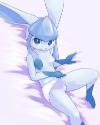 Rule 34 | 1girl, blue eyes, blue hair, breasts, bright pupils, canopus335, cleft of venus, clothing aside, creatures (company), female focus, furry, furry female, game freak, gen 4 pokemon, glaceon, looking at viewer, nintendo, panties, panties aside, personification, pokemon, pussy, sidelocks, small breasts, solo, topless, underwear, white panties, white pupils