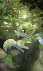 Rule 34 | animal focus, animal hands, artist name, branch, cat, closed mouth, commentary, creatures (company), dappled sunlight, day, full body, game freak, grass, highres, leaf, light particles, lying, nintendo, no humans, nullma, on side, one eye closed, outdoors, pawpads, plant, pokemon, pokemon (creature), red eyes, rock, shadow, signature, sprigatito, sunlight, tail, tongue, tongue out, tree