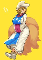 Rule 34 | 1girl, absurdres, animal hat, blonde hair, breasts, chanta (ayatakaoisii), dated, dress, fox tail, full body, hat, highres, huge breasts, leaning back, looking at viewer, mob cap, multiple tails, mob cap, short hair, simple background, slit pupils, smile, solo, tabard, tail, touhou, white dress, white footwear, wide sleeves, yakumo ran, yellow background, yellow eyes