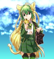 Rule 34 | 1girl, ahoge, alternate costume, animal ears, apple, atalanta (fate), bag, black bag, blazer, blonde hair, blue background, bow, bowtie, braid, closed mouth, cloud, collared shirt, cowboy shot, fate/apocrypha, fate (series), food, fruit, golden apple, green bow, green bowtie, green eyes, green hair, green jacket, green skirt, green thighhighs, holding, holding food, jacket, lion ears, lion tail, long sleeves, looking to the side, outline, parted lips, plaid, plaid bow, plaid bowtie, plaid skirt, sagamiso, school bag, school uniform, shirt, shirt tucked in, shoulder bag, skirt, solo, tail, thighhighs, twitter username, white outline, white shirt, yellow tail