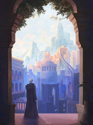 Rule 34 | 1boy, amaurot, arch, arms at sides, artist name, black robe, blue sky, branch, building, city, cityscape, cloud, cloudy sky, commentary, day, emet-selch, english commentary, facing away, final fantasy, final fantasy xiv, from behind, grey hair, highres, hood, hood down, hooded robe, leaf, long sleeves, male focus, nipuni, outdoors, pillar, plant, robe, scenery, short hair, signature, sky, solo, standing, tree