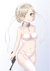 Rule 34 | 1girl, azur lane, bad id, bad pixiv id, bare arms, bare shoulders, blush, bow, bow bra, bra, braid, breasts, brown eyes, cleavage, collarbone, commentary request, cross, garter belt, gradient background, grey background, gun, hair over one eye, hand on own hip, handgun, harusaki (harusaki0719), holding, holding gun, holding weapon, latin cross, light brown hair, looking at viewer, medium breasts, navel, open mouth, panties, revolver, ribbon, sheffield (azur lane), short hair, solo, swept bangs, thighhighs, underwear, underwear only, weapon, white background, white bra, white panties, white ribbon, white thighhighs