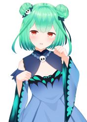 Rule 34 | absurdres, bare shoulders, blue dress, cleavage cutout, clothing cutout, double bun, dress, earrings, flat chest, green hair, hair bun, hair ornament, highres, hololive, jewelry, looking at viewer, open mouth, paw pose, recia, red eyes, skull collar, skull hair ornament, uruha rushia, uruha rushia (1st costume), virtual youtuber, white background, wide sleeves