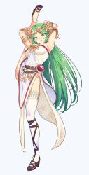 Rule 34 | 1girl, ankle lace-up, anklet, armlet, armpits, arms up, asymmetrical legwear, bangle, belt, bracelet, breasts, brown footwear, commentary request, cross-laced footwear, dress, forehead jewel, full body, green eyes, green hair, headgear, headpiece, high heels, highres, jewelry, kaedeko (kaedelic), kid icarus, kid icarus uprising, large breasts, leg up, long hair, looking at viewer, looking down, mary janes, nintendo, open mouth, palutena, parted bangs, pendant, shoes, simple background, single thighhigh, smile, solo, split, standing, standing on one leg, standing split, strapless, strapless dress, strappy heels, thighhighs, uneven legwear, vambraces, very long hair, white dress, white thighhighs