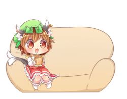 Rule 34 | 1girl, :3, animal ears, brown eyes, brown hair, cat ears, cat tail, chen, commentary request, couch, cup, earrings, fang, green hat, hat, highres, ibaraki natou, jewelry, long sleeves, mob cap, mug, multiple tails, nekomata, open mouth, short hair, single earring, sitting, solo, tail, touhou, two tails, white legwear