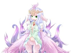 Rule 34 | 1girl, animal ears, armlet, bird ears, bird legs, bird tail, bmp-to-png conversion, breasts, cleavage, crown, dress, eyeshadow, feathered wings, feathers, green dress, green eyes, half-closed eyes, harpy, large breasts, long hair, looking at viewer, lucretia (mon-musu quest!), makeup, mon-musu quest!, monster girl, non-web source, pink eyeshadow, pink feathers, pink wings, purple feathers, purple hair, single hair tube, solo, tail, tail raised, transparent background, very long hair, winged arms, wings