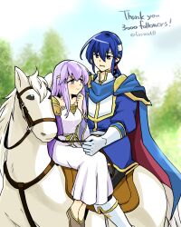 Rule 34 | 1boy, 1girl, bare shoulders, blue cape, blue hair, breasts, brother and sister, cape, circlet, dress, fire emblem, fire emblem: genealogy of the holy war, headband, horse, horseback riding, julia (fire emblem), medium breasts, nintendo, open mouth, ponytail, purple cape, purple eyes, purple hair, riding, seliph (fire emblem), siblings, simple background, smile, white headband, yukia (firstaid0)
