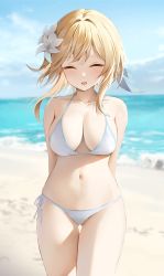 Rule 34 | 1girl, absurdres, arms behind back, bikini, blonde hair, blush, breasts, cleavage, closed eyes, cowboy shot, facing viewer, flower, genshin impact, highres, lily (flower), lumine (genshin impact), medium breasts, open mouth, redshark (t373412), short hair with long locks, smile, solo, standing, swimsuit, thighs, white bikini
