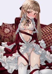 Rule 34 | 1girl, blonde hair, blush, bra, breasts, closed mouth, commentary request, dress, frilled dress, frills, highres, lingerie, long hair, long sleeves, luicent, medium breasts, open clothes, open dress, original, panties, rea-sama, red dress, red eyes, solo, thighhighs, underwear, white bra, white panties, white thighhighs