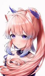 Rule 34 | 1girl, animal ears, artist name, bare shoulders, blue hair, blunt bangs, blush, breasts, cat ears, cleavage, closed mouth, detached collar, genshin impact, hair ornament, highres, long hair, looking to the side, mash mayoru, multicolored hair, pink hair, ponytail, purple eyes, sangonomiya kokomi, simple background, solo, two-tone hair, very long hair, wavy mouth, white background