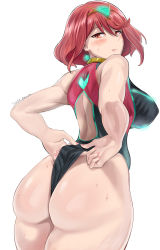 Rule 34 | 1girl, adjusting clothes, adjusting swimsuit, ass, bare shoulders, black one-piece swimsuit, blush, breasts, closed mouth, commentary request, competition swimsuit, covered erect nipples, cowboy shot, from behind, highres, large breasts, looking at viewer, looking back, mi mi ham, nintendo, one-piece swimsuit, pyra (pro swimmer) (xenoblade), pyra (xenoblade), red eyes, red hair, shiny skin, short hair, simple background, solo, standing, sweat, swept bangs, swimsuit, tiara, wedgie, white background, xenoblade chronicles (series), xenoblade chronicles 2