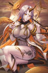 Rule 34 | 1girl, breasts, colored inner hair, commentary, covered navel, english commentary, fire emblem, fire emblem heroes, foot out of frame, gold trim, gullveig (fire emblem), horns, hybridmink, large breasts, long hair, looking at viewer, multicolored hair, nintendo, orange eyes, orange hair, paid reward available, pale skin, parted lips, patreon username, signature, single horn, smile, snake, solo, two-tone dress, two-tone hair, very long hair, white hair