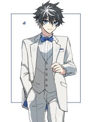 Rule 34 | 1boy, black hair, blue bow, blue bowtie, blue eyes, bow, bowtie, charlemagne (fate), closed mouth, collared shirt, commentary request, cowboy shot, fate/grand order, fate (series), formal, hand in pocket, heart, highres, looking at viewer, male focus, mo (aabx315), multicolored hair, pants, ribbed shirt, shirt, short hair, simple background, smile, solo, streaked hair, suit, two-tone hair, vest, white background, white hair, white pants, white shirt, white suit, white vest