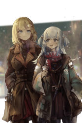 Rule 34 | 2girls, :d, absurdres, bag, black legwear, blonde hair, blue eyes, blunt bangs, blurry, blurry background, border, breasts, brown bag, brown coat, closed mouth, coat, cowboy shot, cup, gawr gura, hair ornament, handbag, highres, holding, holding cup, hololive, hololive english, large breasts, long hair, looking at another, medium hair, multicolored hair, multiple girls, open mouth, outside border, pantyhose, shark hair ornament, shark print, sharp teeth, shoulder bag, silver hair, small breasts, smile, snowing, standing, streaked hair, teeth, two side up, virtual youtuber, vyragami, watson amelia, white border, winter clothes