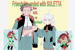 Rule 34 | 1boy, 2girls, arm at side, blue eyes, closed mouth, english text, food, friendship ended with mudasir (meme), fruit, guel jeturk, gundam, gundam suisei no majo, hair between eyes, holding, holding food, holding fruit, holding hands, jacket, jacket on shoulders, long hair, looking at viewer, meme, miorine rembran, mole, mole under eye, multicolored hair, multiple girls, oneroom-disco, ponytail, shorts, suletta mercury, tomato, white hair