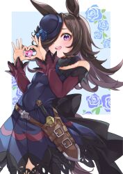 Rule 34 | 1girl, animal ears, back bow, bare shoulders, black bow, black collar, blue flower, blue rose, border, bow, brown hair, brown thighhighs, closed mouth, collar, commentary request, cowboy shot, cropped legs, dagger, dress, floating hair, flower, fur collar, hair over one eye, hand on own chest, hand up, hat, hat flower, heart, heart hands, highres, horse ears, horse girl, iam (tetsu0ekaki), knife, long hair, long sleeves, looking at viewer, one eye covered, purple dress, purple eyes, purple hat, red sleeves, rice shower (umamusume), rose, sheath, sheathed, simple background, smile, solo, thighhighs, tilted hat, umamusume, weapon, white background, white border