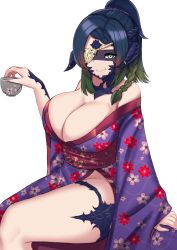 Rule 34 | 1girl, absurdres, au ra, warrior of light (ff14), bare shoulders, blue eyes, blue hair, breasts, character request, cleavage, closed mouth, commission, eyepatch, final fantasy, final fantasy xiv, floral print, gradient hair, green hair, highres, horns, japanese clothes, kanta (kanta 077), kimono, large breasts, long sleeves, looking at viewer, medium hair, multicolored hair, no panties, obi, off shoulder, ponytail, sash, scales, side slit, smile, solo, transparent background, two-tone hair, wide sleeves, yukata