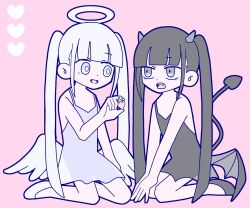 Rule 34 | 2girls, angel, angel wings, black dress, black eyes, black footwear, black hair, black horns, black tail, black wings, blue outline, demon, demon girl, demon horns, demon tail, demon wings, dress, fang, food, fruit, genmai chaban, halo, heart, holding, holding food, holding fruit, horns, looking at another, multiple girls, open mouth, original, outline, pastel colors, petite, pink background, strawberry, tail, teeth, twintails, white dress, white eyes, white footwear, white hair, white wings, wings
