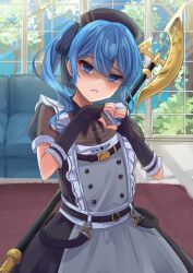 Rule 34 | 1girl, apron, axe, belt, black belt, black dress, black gloves, black hat, blue hair, collared dress, commentary, cowboy shot, double-parted bangs, dress, empty eyes, fingerless gloves, gloves, hair between eyes, hands up, hat, head tilt, heart, heart hands, highres, hololive, hoshimachi suisei, hoshimachi suisei (maid), indoors, kisara keyy, maid, maid apron, medium hair, nurse cap, parted lips, puffy short sleeves, puffy sleeves, see-through, see-through sleeves, shaded face, short sleeves, solo, twintails, virtual youtuber, wavy hair, white apron