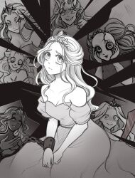 Rule 34 | :3, bare shoulders, breasts, broken glass, broken mirror, chain, chain around arm, chained, chanpotei, cleavage, closed mouth, commentary, crazy eyes, crown, dress, english commentary, ghost, ghost girl, glass, greyscale, grin, hands on own cheeks, hands on own face, highres, long hair, looking at viewer, medium breasts, mirror, monochrome, multiple girls, multiple persona, off-shoulder dress, off shoulder, princess, princess (slay the princess), reflection, sharp teeth, slay the princess, smile, teeth, the adversary (slay the princess), the nightmare (slay the princess), the razor (slay the princess), the spectre (slay the princess), the tower (slay the princess), the witch (slay the princess), tiara, upper body
