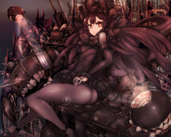 Rule 34 | 10s, 1girl, abyssal ship, ass, bad id, bad pixiv id, black bow, black dress, black footwear, black hair, black pantyhose, bonnet, bow, detached sleeves, dress, gothic lolita, horns, isolated island oni, kantai collection, lolita fashion, long hair, looking at viewer, onboro (clunker), pantyhose, red eyes, shoes, solo
