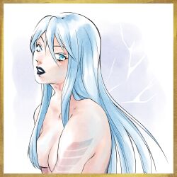 Rule 34 | 1girl, absurdres, blue eyes, blue hair, breasts, chanchan030, devil summoner, hair over breasts, highres, lipstick, long hair, looking at viewer, makeup, medium breasts, nemissa, pale skin, solo, soul hackers, topless