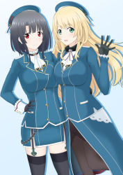Rule 34 | 10s, 2girls, atago (kancolle), bad id, bad pixiv id, black hair, black legwear, blonde hair, blush, breasts, female focus, garter straps, gloves, gradient background, green eyes, hat, kantai collection, large breasts, long hair, looking at viewer, military, military uniform, multiple girls, neworks tkt al, pantyhose, personification, red eyes, short hair, skirt, smile, takao (kancolle), thighhighs, uniform, white background