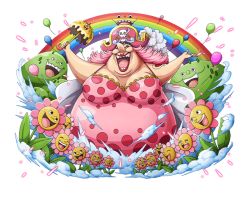 Rule 34 | 1girl, balloon, bodskih, breasts, cake, charlotte linlin, cleavage, dress, evil grin, evil smile, fat, flower, food, giant, giantess, grin, hat, homie (one piece), jewelry, leaf, lips, lipstick, long hair, looking at another, makeup, napoleon (one piece), official art, one piece, one piece: treasure cruise, one piece treasure cruise, open mouth, pink hair, pirate hat, rainbow, ring, smile, solo, teeth, transparent background, umbrella