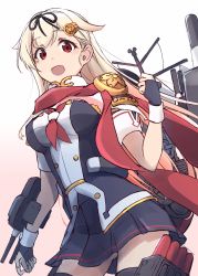 Rule 34 | 1girl, adapted turret, black gloves, black ribbon, black serafuku, black skirt, blonde hair, cannon, commentary request, fingerless gloves, gloves, hair flaps, hair ornament, hair ribbon, hairclip, highres, kantai collection, long hair, looking at viewer, machinery, minosu, neckerchief, original remodel (kantai collection), pleated skirt, red eyes, red neckerchief, ribbon, scarf, school uniform, serafuku, skirt, smile, solo, turret, white scarf, yuudachi (kancolle), yuudachi kai ni (kancolle)