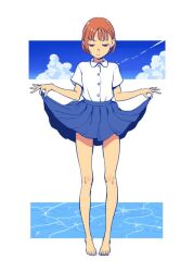 Rule 34 | 1girl, barefoot, blue skirt, buttons, closed mouth, clothes lift, cloud, cloudy sky, collared shirt, day, feet, framed, frown, half-closed eyes, legs apart, looking down, orange hair, original, pleated skirt, purimari, shirt, short hair, short sleeves, skirt, skirt lift, sky, solo, standing, summer, water, white background, white shirt