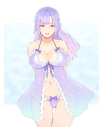 Rule 34 | 1girl, arms behind back, babydoll, blue panties, breasts, cleavage, dead or alive, dead or alive xtreme 3 fortune, fiona (doa), highres, large breasts, long hair, looking at viewer, navel, open mouth, panties, purple eyes, purple hair, see-through, smile, solo, standing, swimsuit, teeth, underwear, upper teeth only