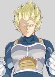 Rule 34 | 1boy, armor, blonde hair, from below, gloves, kichihachi, looking at viewer, muscular, serious, vegeta, white gloves