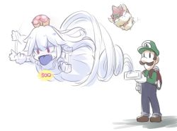 Rule 34 | 1girl, 2boys, afterimage, blush, bowser, brown footwear, brown hair, colored tongue, commentary request, crown, dress, facial hair, fangs, flailing, flat cap, gameplay mechanics, gloves, green hat, green shirt, hair between eyes, hat, holding, horns, long hair, long sleeves, luigi, luigi&#039;s mansion, mario (series), mini crown, multiple boys, mustache, natsuki teru, new super mario bros. u deluxe, nintendo, nose blush, open mouth, overalls, poltergust 3000, princess king boo, purple tongue, red eyes, shirt, shoes, skirt, standing, super crown, tears, tongue, tongue out, vacuum cleaner, very long hair, white background, white dress, white gloves, white hair, white skirt, | |