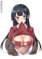 Rule 34 | 1girl, agano (kancolle), bikini, black hair, blouse, blush, breasts, clothes lift, ebifurya, eyepatch bikini, green eyes, highres, kantai collection, large breasts, lifting own clothes, long hair, looking at viewer, mouth hold, navel, red bikini, red sweater, shiny skin, shirt, simple background, solo, stomach, sweater, sweater lift, swimsuit, twitter username, underboob, upper body, white background