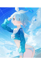 Rule 34 | 1girl, absurdres, arona (blue archive), ass, blue archive, blue eyes, blue hair, blue serafuku, blue shirt, blue sky, blush, bow hairband, braid, breasts, choker, colored inner hair, hair over one eye, hairband, halo, highres, light blue hair, long sleeves, looking at viewer, loyo, multicolored hair, open mouth, panties, pink hair, sailor collar, school uniform, serafuku, shirt, short hair, side braid, sky, small breasts, solo, striped clothes, striped panties, underwear, white hairband, white panties, white sailor collar