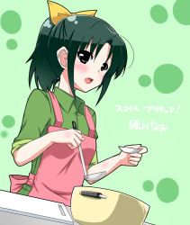 Rule 34 | 10s, 1girl, apron, bow, casual, cooking, cutting board, green background, green eyes, green hair, green shirt, highres, ladle, matching hair/eyes, midorikawa nao, open mouth, ponytail, pot, precure, ribbon, shirt, simple background, sleeves rolled up, smile precure!, solo, tamane