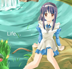 Rule 34 | ..., 1girl, bare legs, dress, english text, long sleeves, looking at viewer, maid, original, outdoors, purple hair, red eyes, river, rock, shigen, short hair, sitting, solo, text focus, water, waterfall, white dress